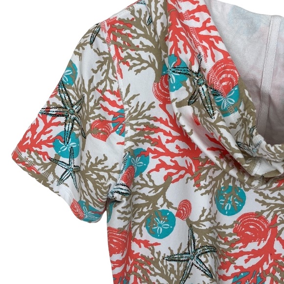 Denim & Co. Beach Coral Print Zip Front Short Sleeve Hoodie - Picture 4 of 10